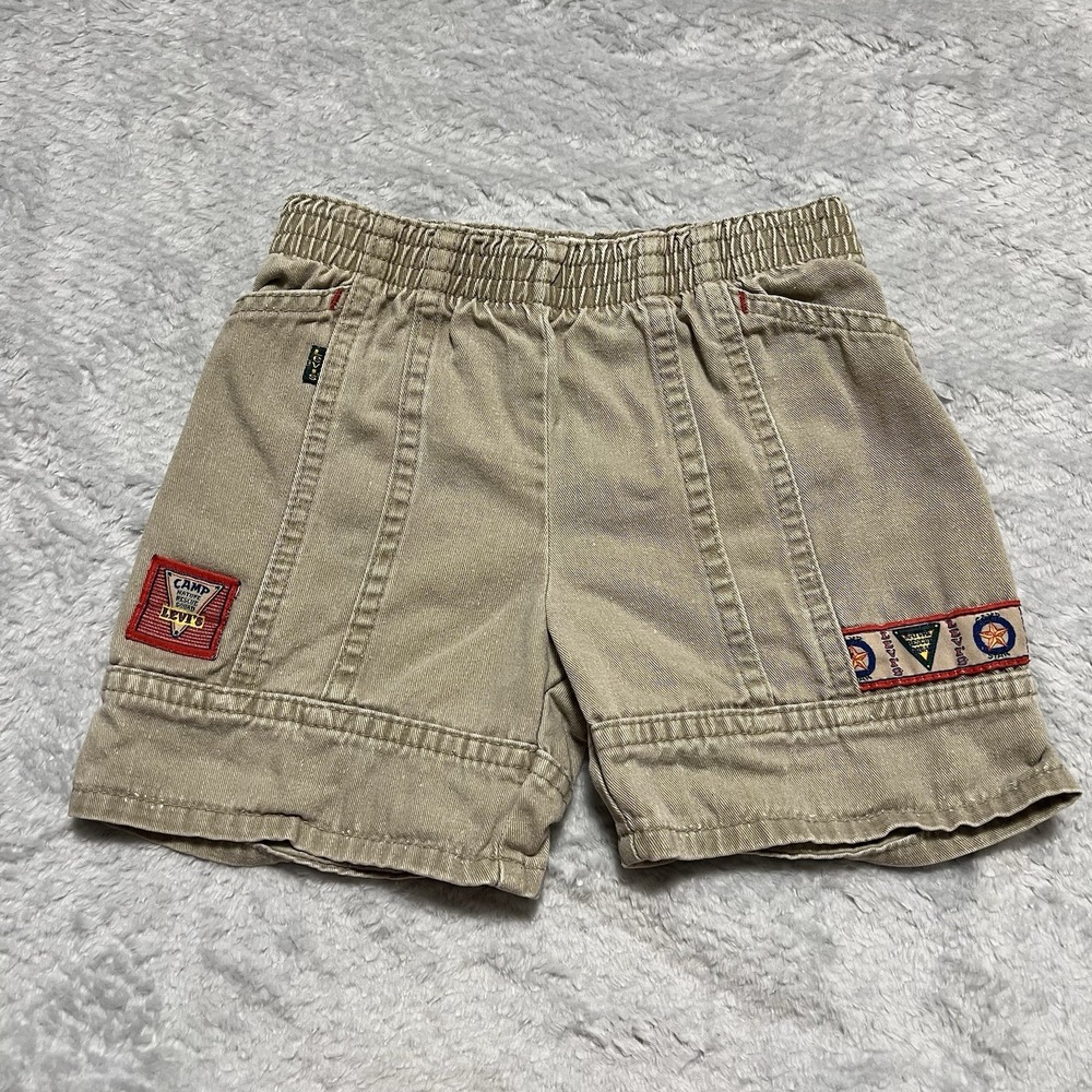 Vintage 90s Little Levi's Shorts Kids 5 USA Khaki Camp Patches Elastic Waist